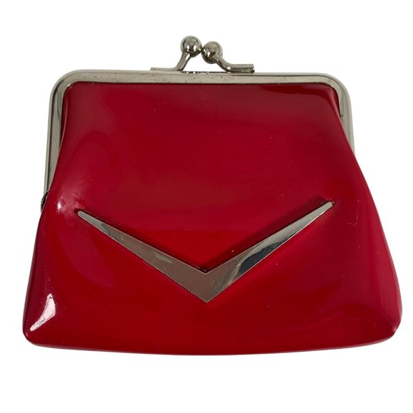 Lux De Ville Red Faux Patent Leather Coin Purse Silver Metal Kiss Lock Frame - Picture 1 of 7